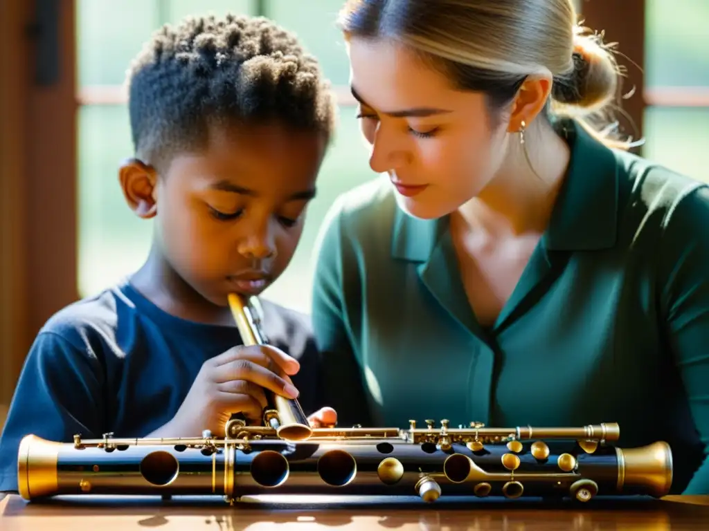 Un estudiante concentradísimo montando un oboe con su profesor