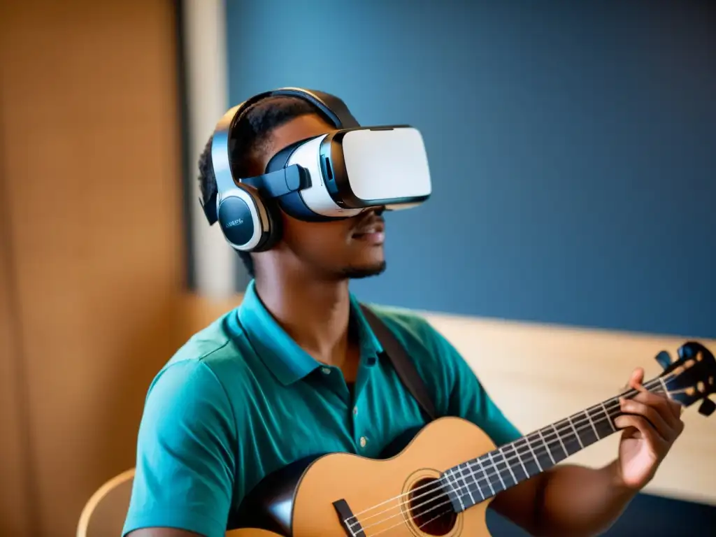 Estudiante concentrado practicando un instrumento en realidad virtual, rodeado de tecnología educativa