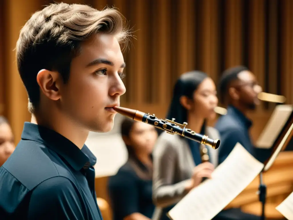 Un estudiante concentrado toca el oboe en una sala de ensayo de orquesta