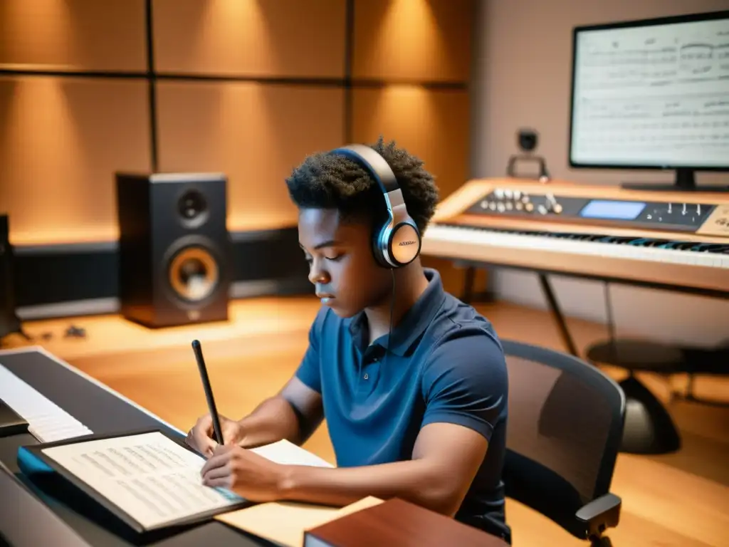 Estudiante concentrado revisando partitura en estudio de música moderno