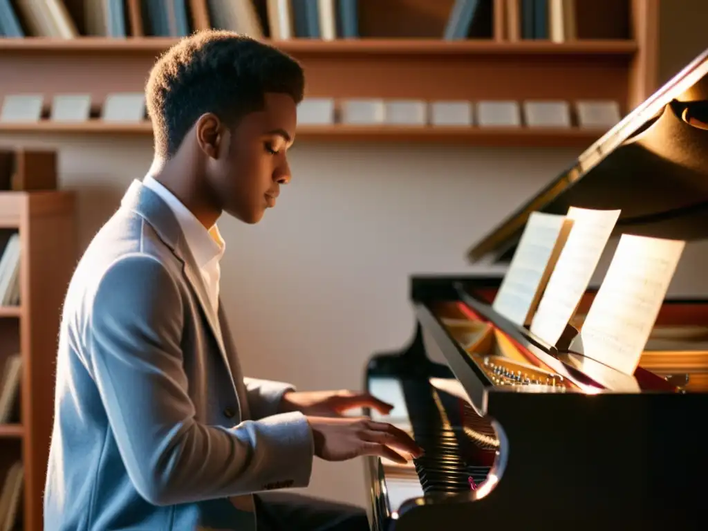 Un estudiante concentrado toca el piano en un ambiente acogedor, simbolizando el impacto de los cursos de piano online en la educación musical