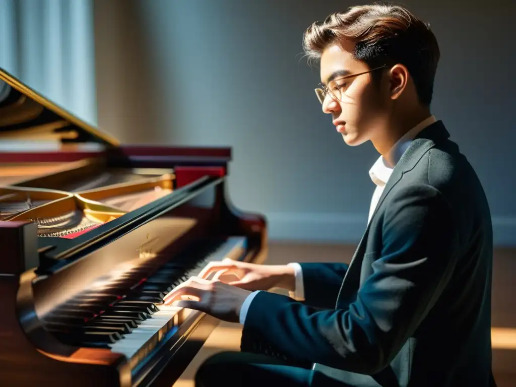 Un estudiante concentrado tocando el piano en una habitación luminosa con partituras alrededor