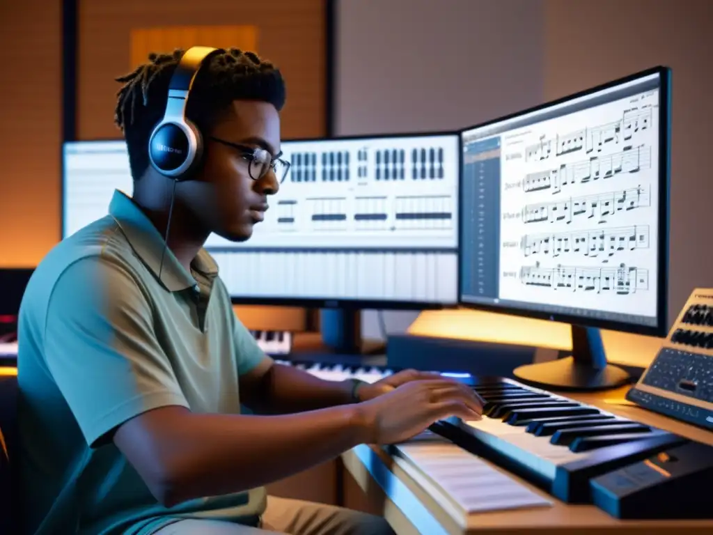 Un estudiante concentrado utiliza programas de composición musical para crear música, rodeado de notas y instrumentos