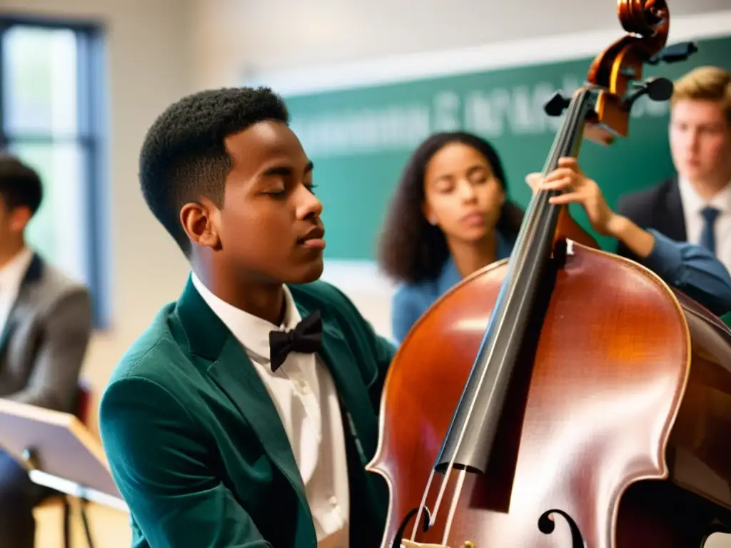 Estudiante tocando un instrumento grave en el aula, demostrando pasión y concentración