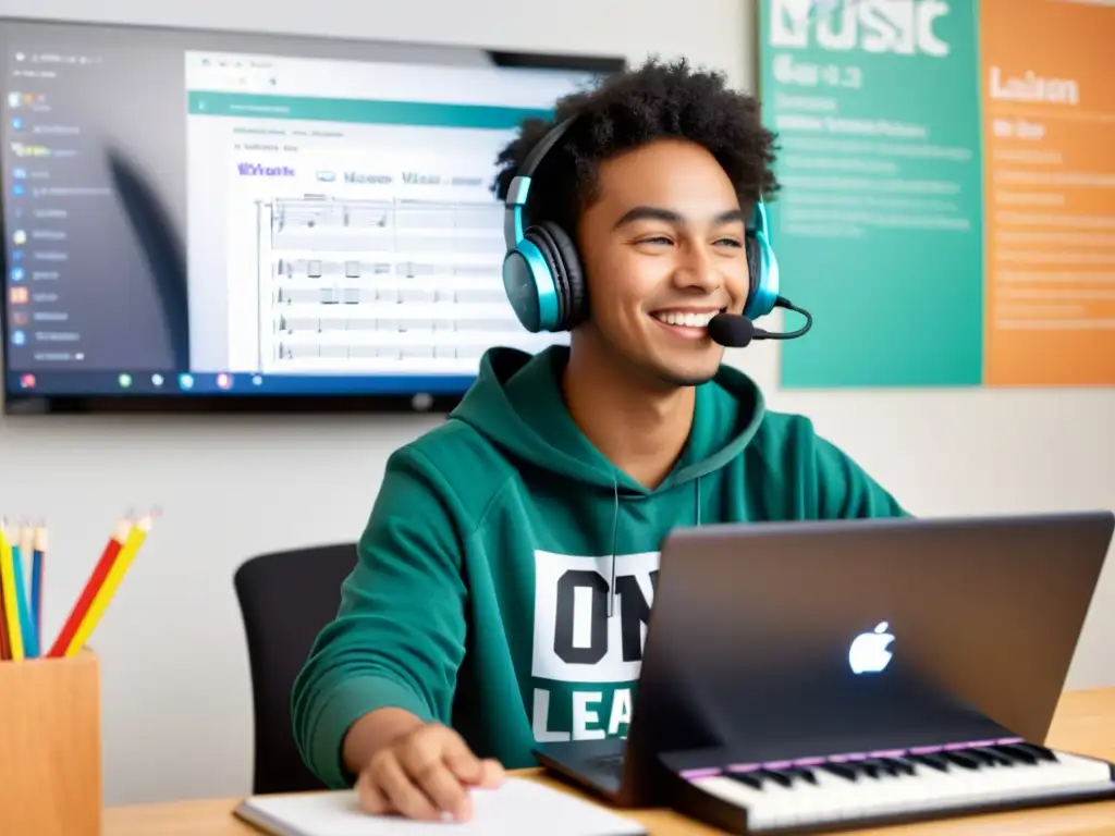 Un estudiante se concentra en una lección de música online, rodeado de instrumentos y materiales educativos, en un espacio inspirador para aprender