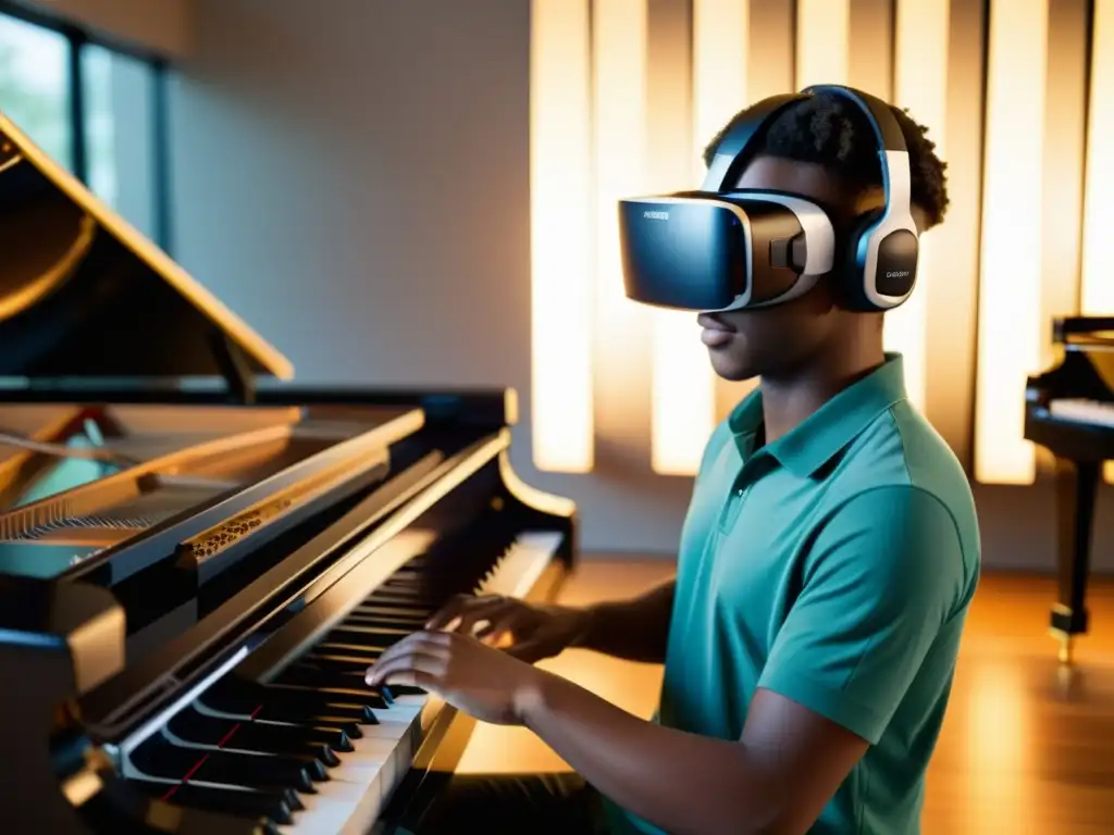 Estudiante usando realidad virtual para aprender a tocar piano en aula