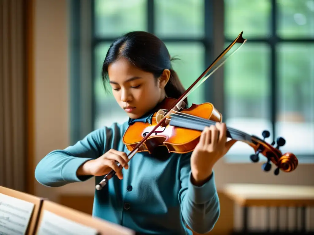 Un estudiante de violín enfocado, tocando con pasión en una sala llena de instrumentos musicales