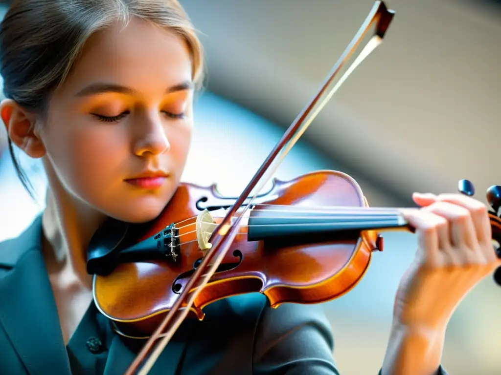 Un estudiante toca con pasión un violín moderno en una aula iluminada, resaltando la importancia del violín en pedagogía