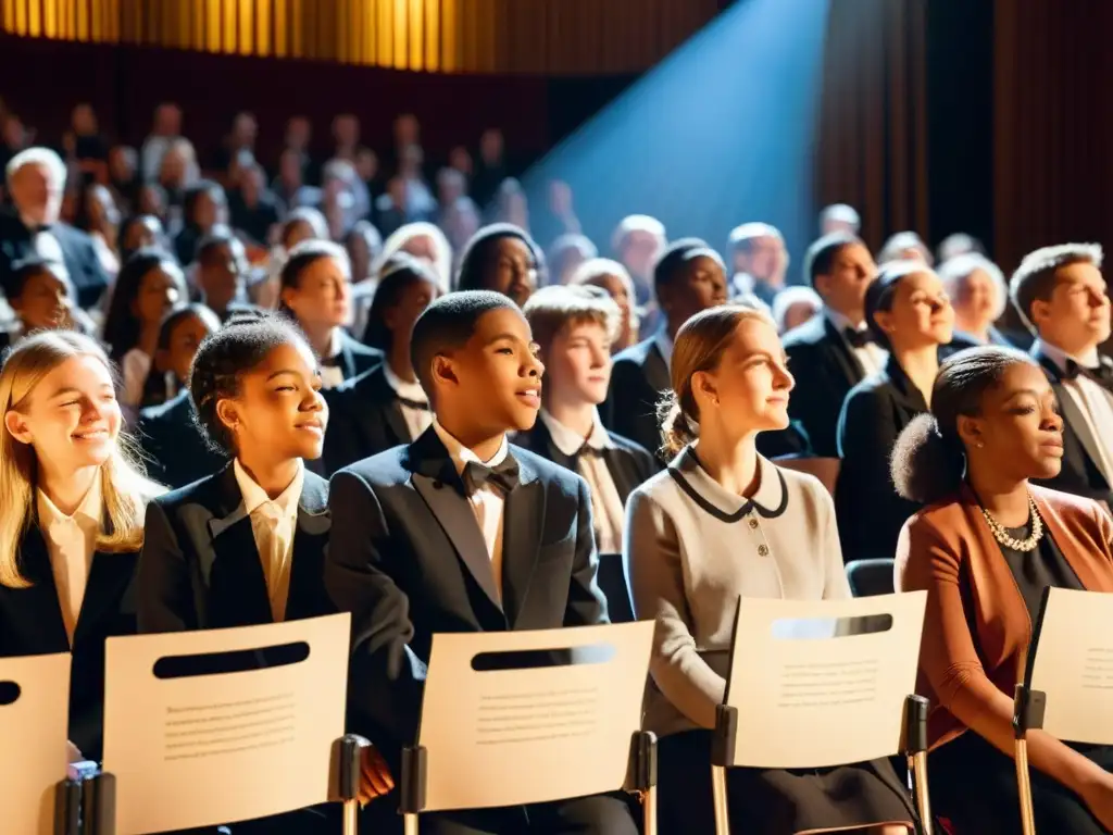 Estudiantes absorbidos en festival musical, conectando con la importancia de festivales musicales en la educación