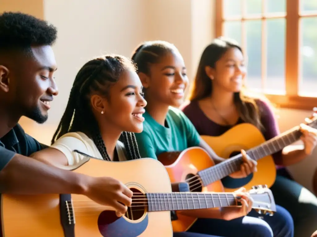 Estudiantes diversos aprenden guitarra con determinación y alegría, resaltando la importancia de la guitarra en educación musical