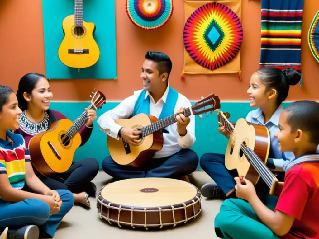 Estudiantes disfrutan de una animada lección de instrumentos musicales latinoamericanos, inmersos en la rica tradición musical