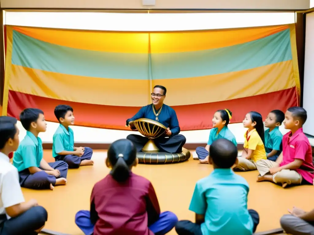 Estudiantes atentos aprenden sobre la importancia educativa de la música Gamelan en un aula vibrante