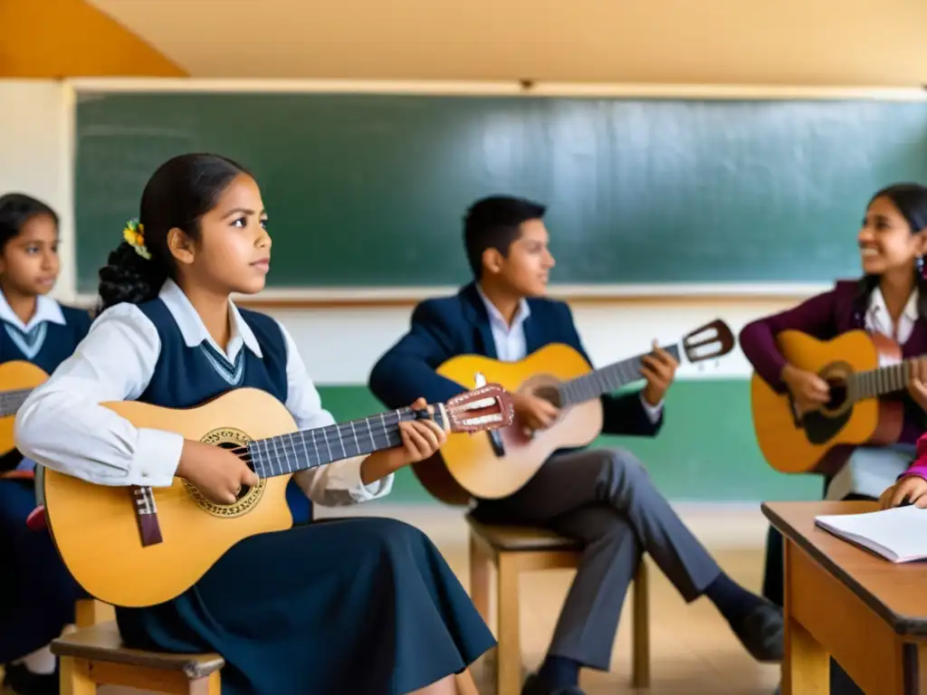 Estudiantes atentos escuchan al profesor tocar el charango, mostrando integración del charango en educación y enriquecimiento cultural