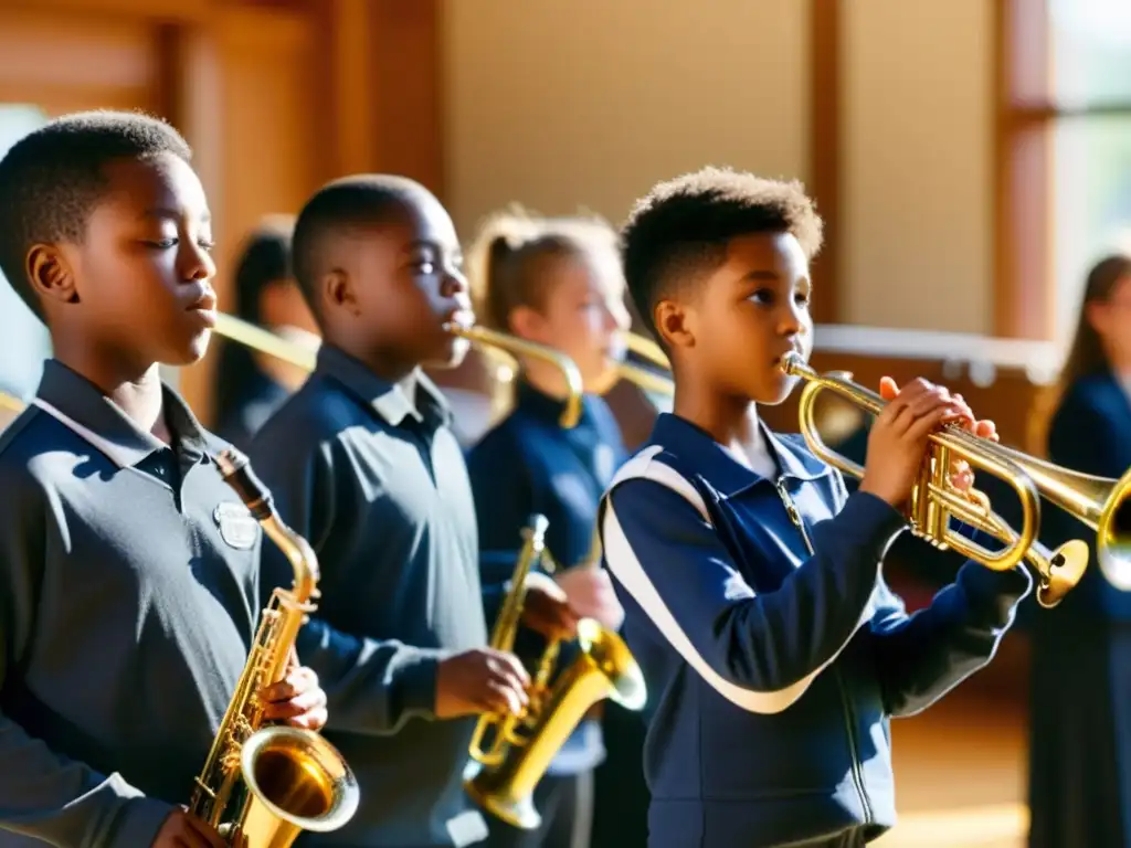 Estudiantes de banda practicando con trombones y trompetas en una sala iluminada por el sol