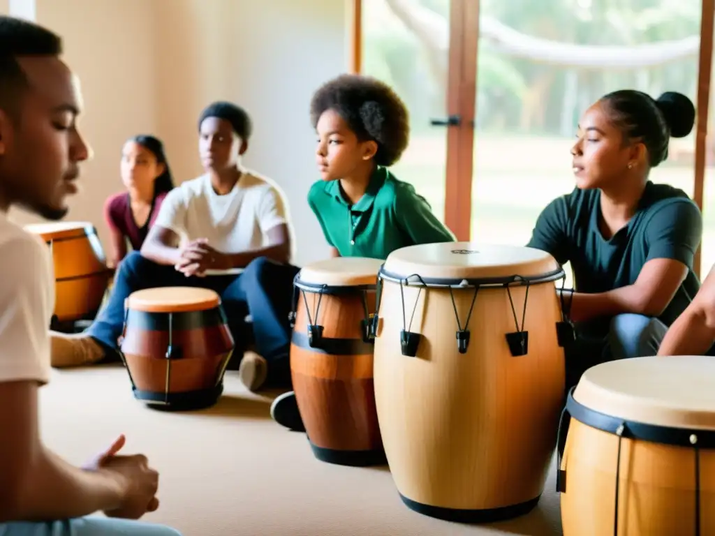 Estudiantes tocando cajones afroperuanos con instructor en ambiente educativo y cultural