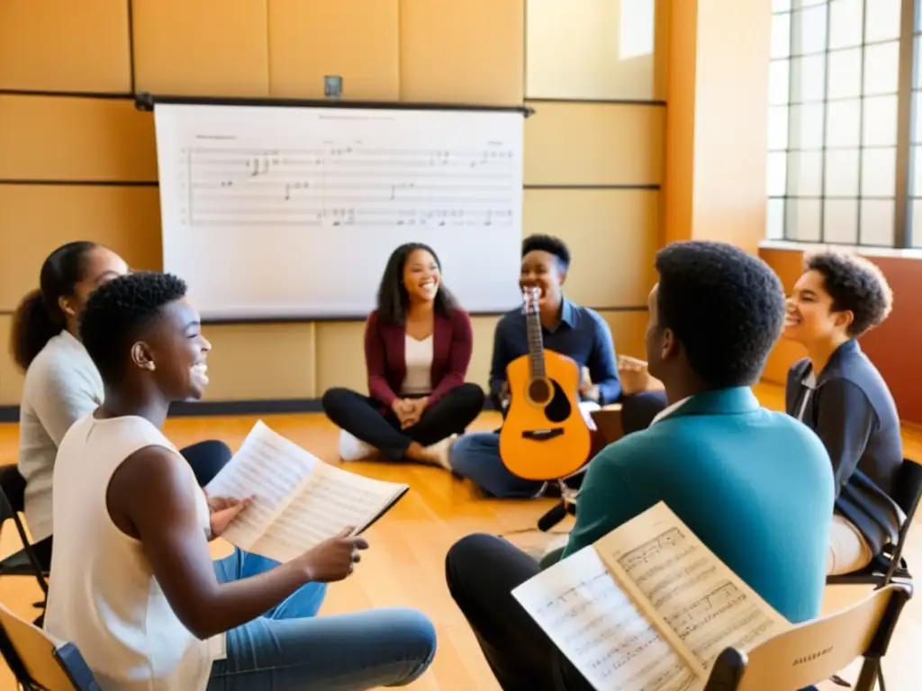 Estudiantes de música en círculo, con instrumentos y partituras, aprendiendo sobre la Enseñanza de música en mundo multilingüe con su instructor