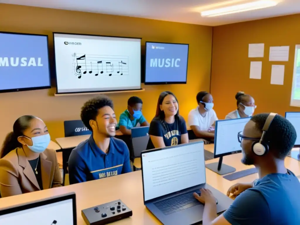 Estudiantes participando en una clase de educación musical online global, conectados a través de la música