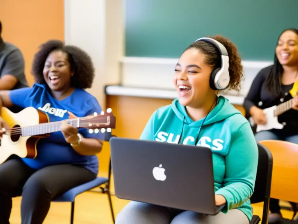 Estudiantes diversos participan en clase de música online, incluyendo personas con discapacidades