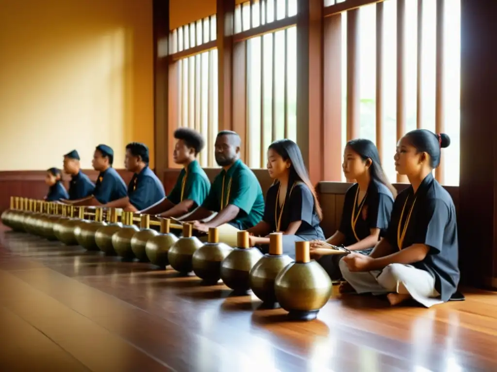 Estudiantes concentrados exploran la importancia educativa de la música Gamelan en un aula luminosa con instrumentos tradicionales indonesios