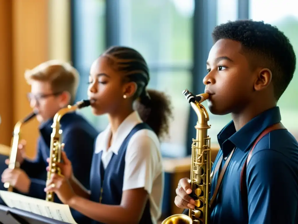 Estudiantes concentrados en tocar instrumentos de viento en aula de música escolar, con luz natural destacando detalles