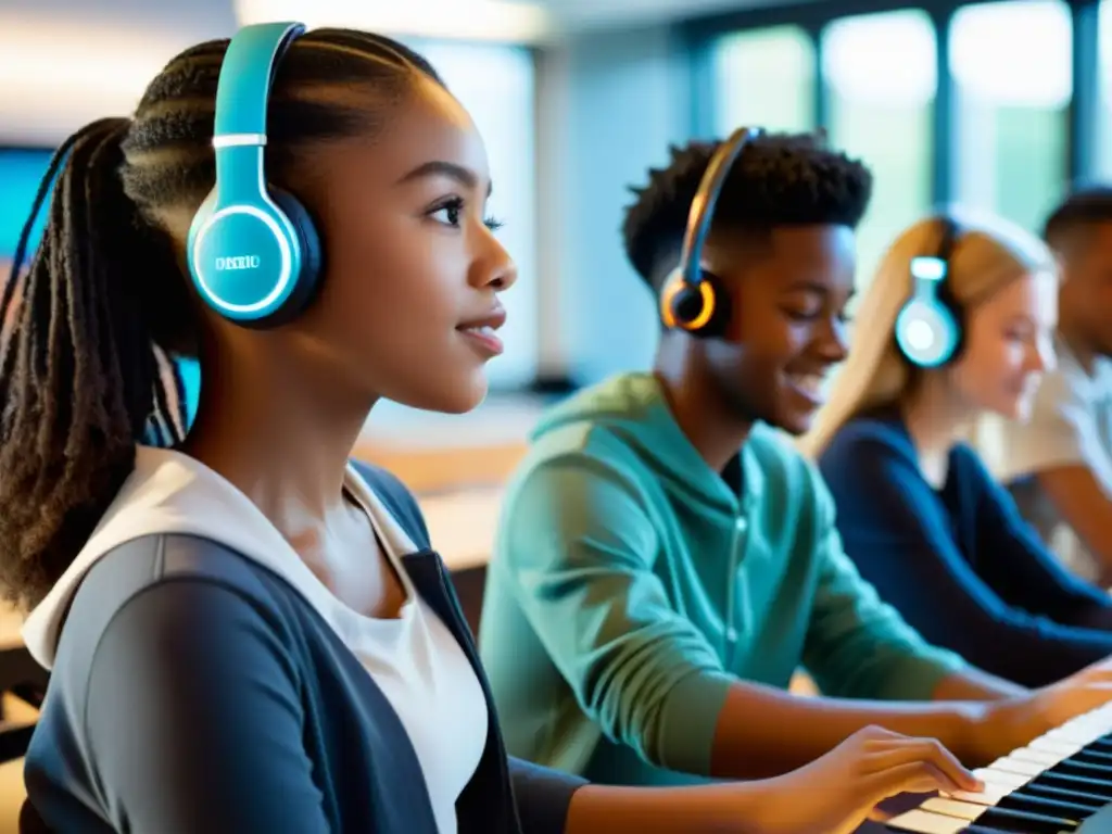 Estudiantes concentrados interactúan con instrumentos digitales en aula de música, creando ambiente de creatividad y aprendizaje