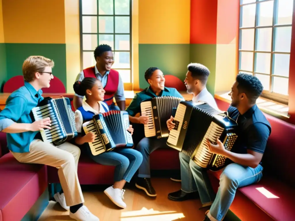 Estudiantes de diversas culturas tocando acordeones juntos en aula colorida