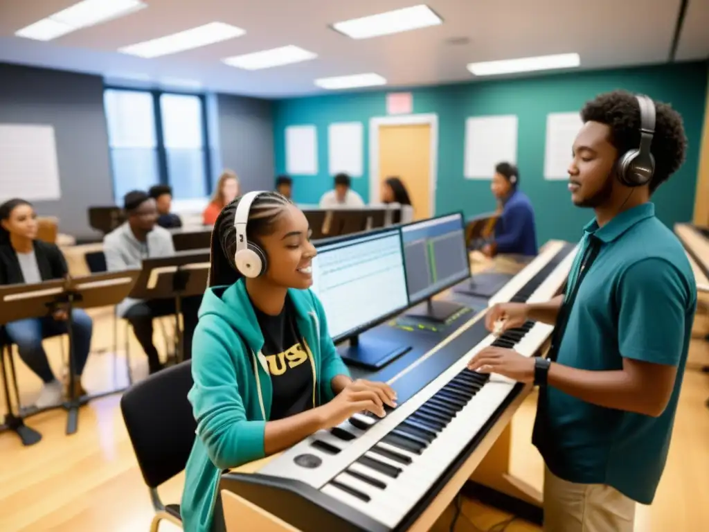 Estudiantes de diversas culturas colaboran en estudio de instrumentos musicales con herramientas digitales para composición y grabación de música