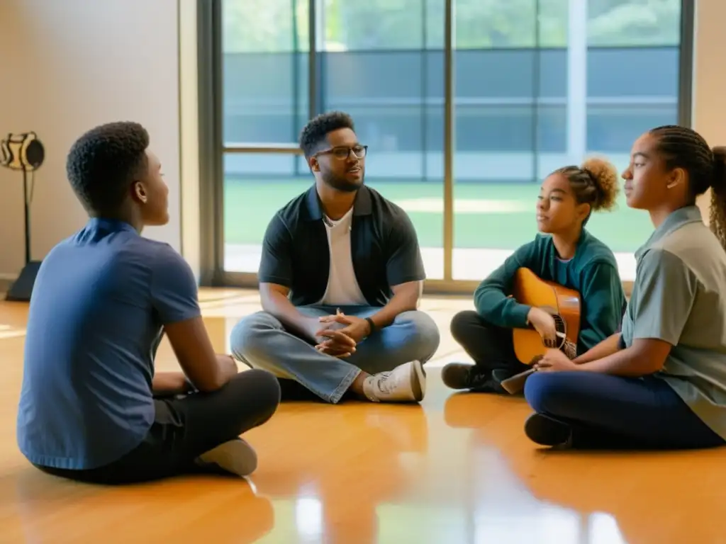 Estudiantes de diferentes culturas improvisan música en un salón iluminado