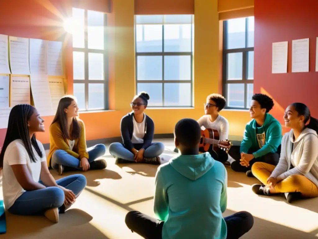 Estudiantes de diversidad musical discuten proyectos grupales educación musical en círculo, ambiente creativo y colaborativo