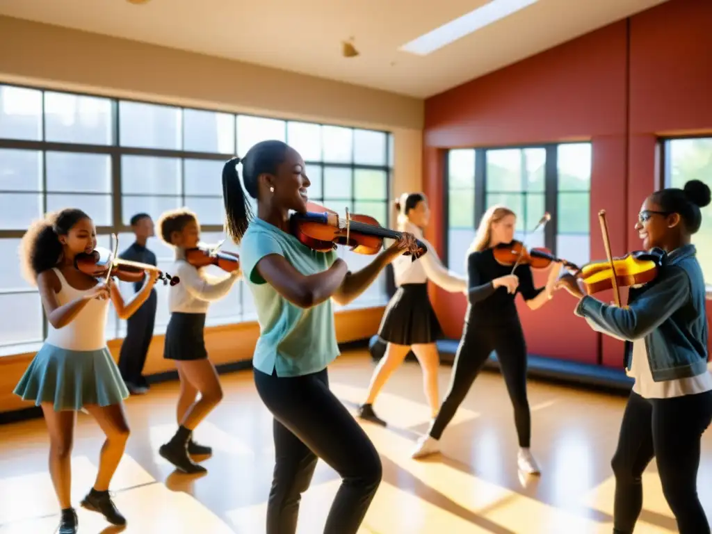 Estudiantes diversos en clase de música, integrando la danza en la enseñanza