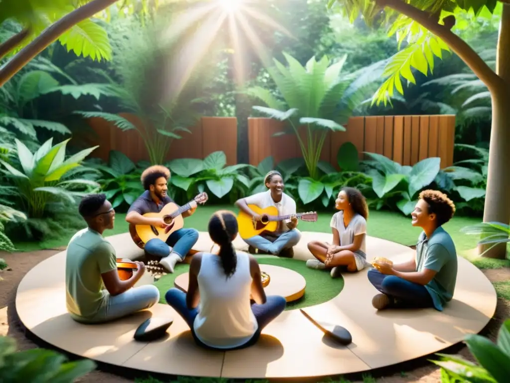 Estudiantes divers@s disfrutan de música y activismo ambiental mundial en aula al aire libre rodeada de naturaleza