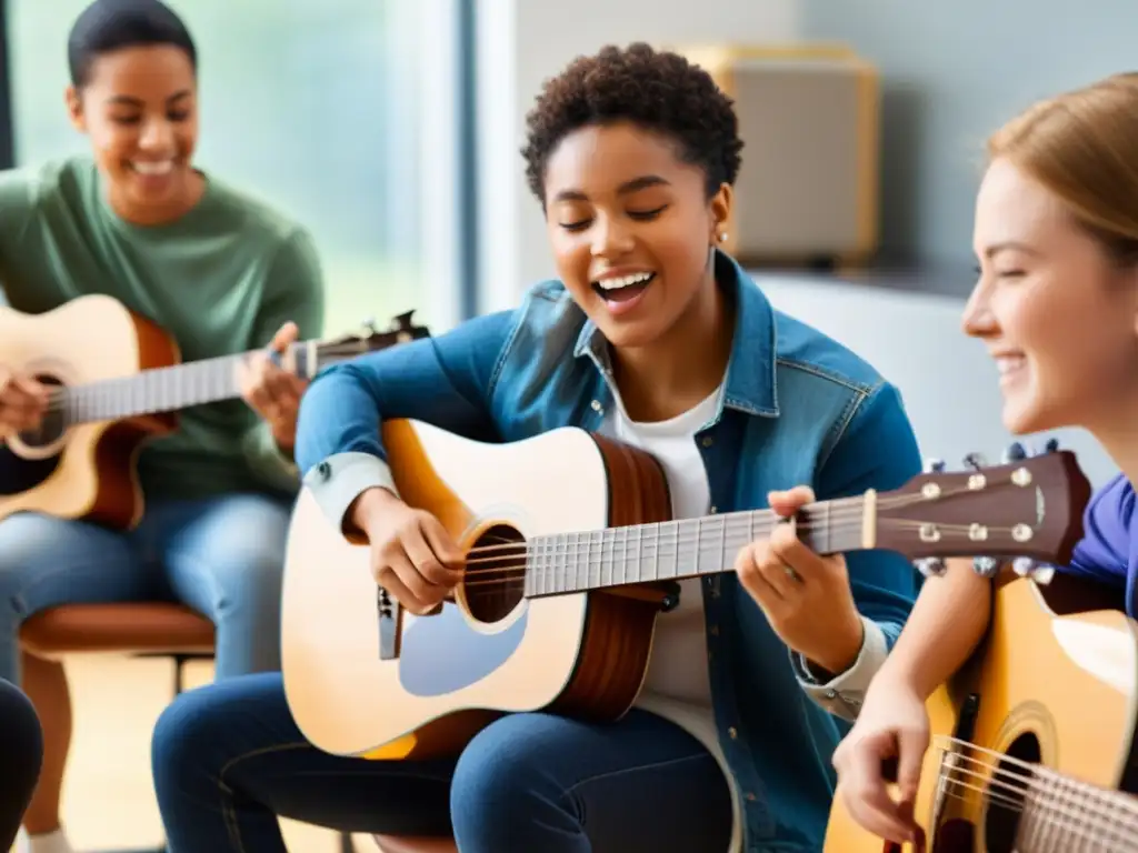 Estudiantes participan con entusiasmo en clase de guitarra