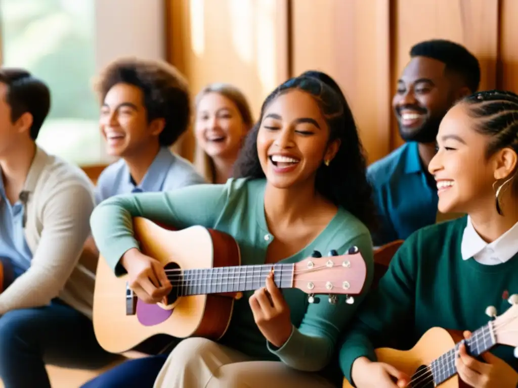 Estudiantes entusiastas siguen una clase de ukelele en línea