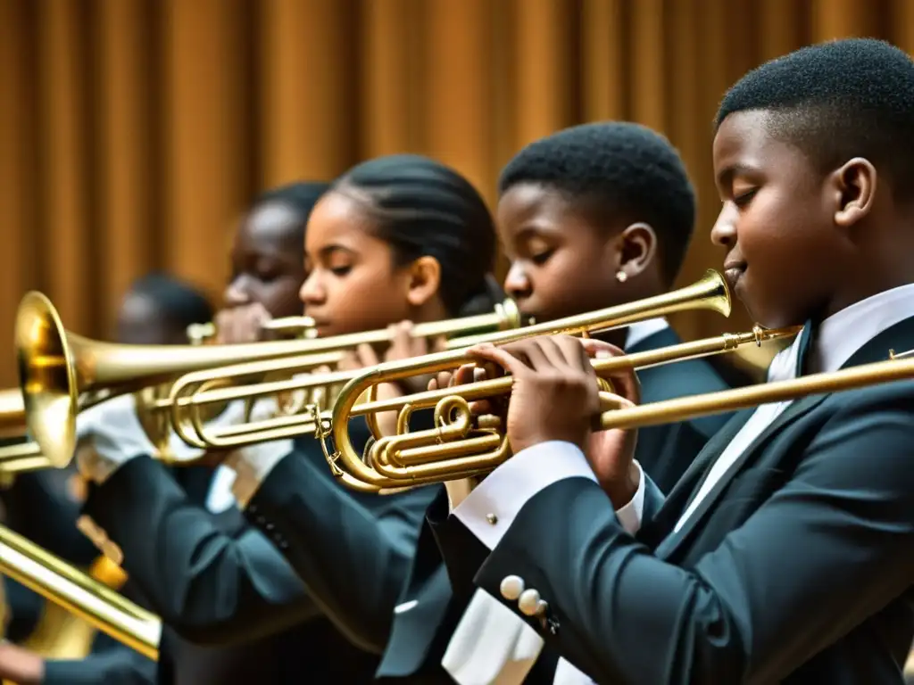 Estudiantes de una escuela tocando trombones y trompetas con pasión