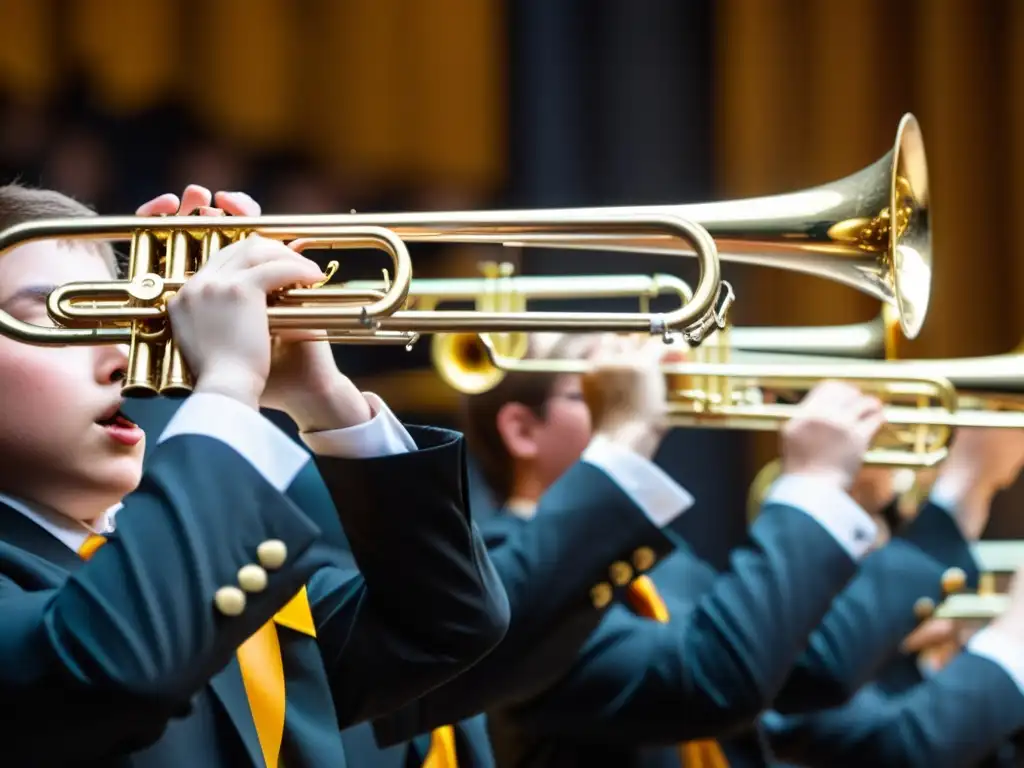 Estudiantes de escuela tocando trompetas y trombones con intensa concentración