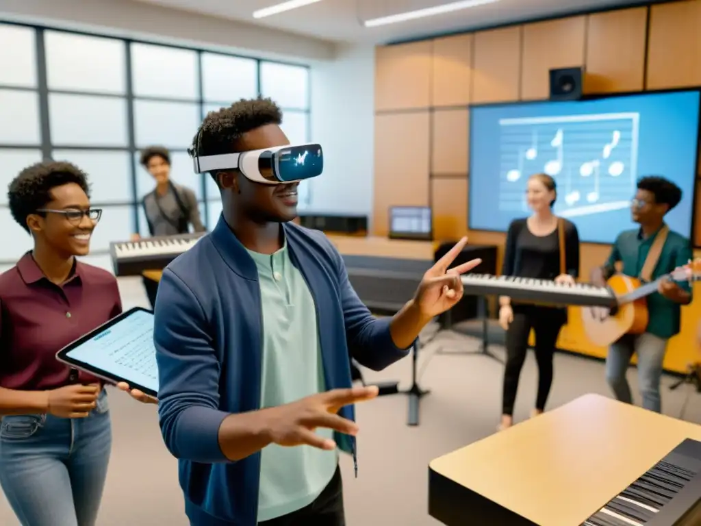 Estudiantes usando gafas de realidad aumentada en clase de música con notas e instrumentos virtuales