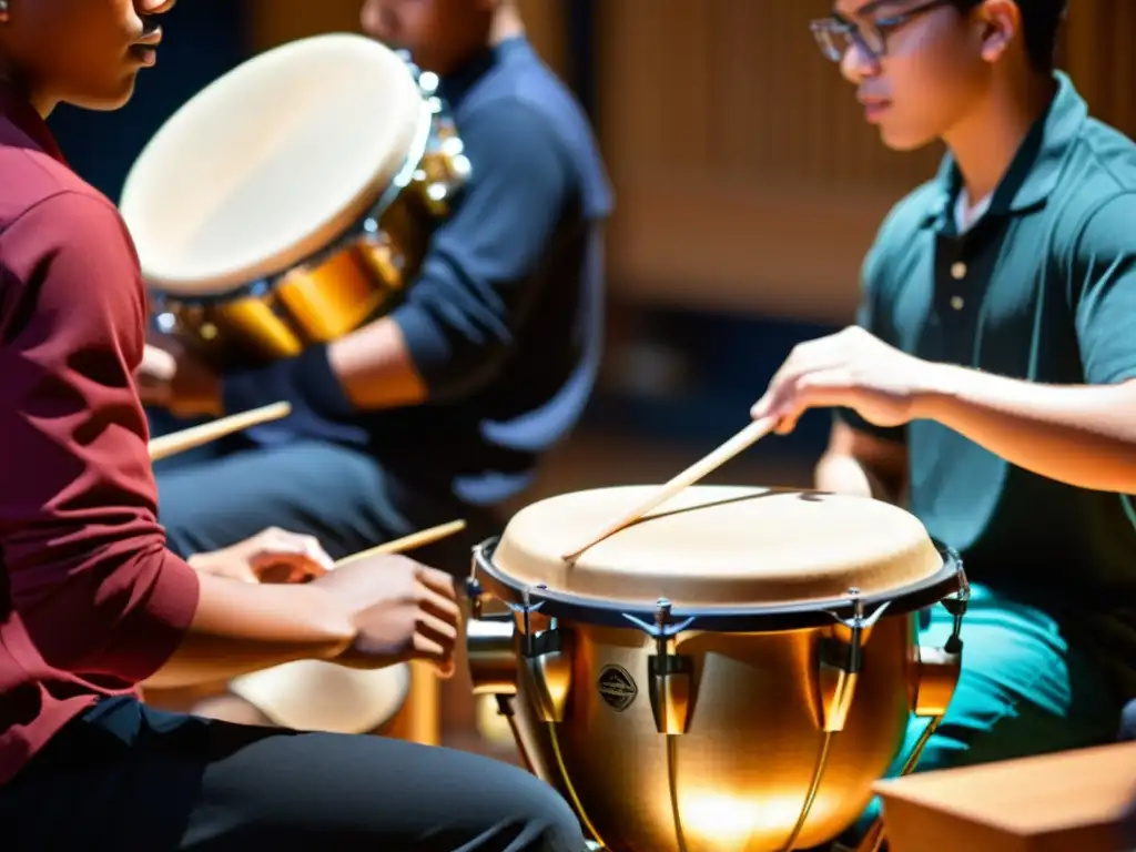 Estudiantes inmersos en taller de percusión, reflejando valor educativo de los instrumentos de percusión y la pasión por la música