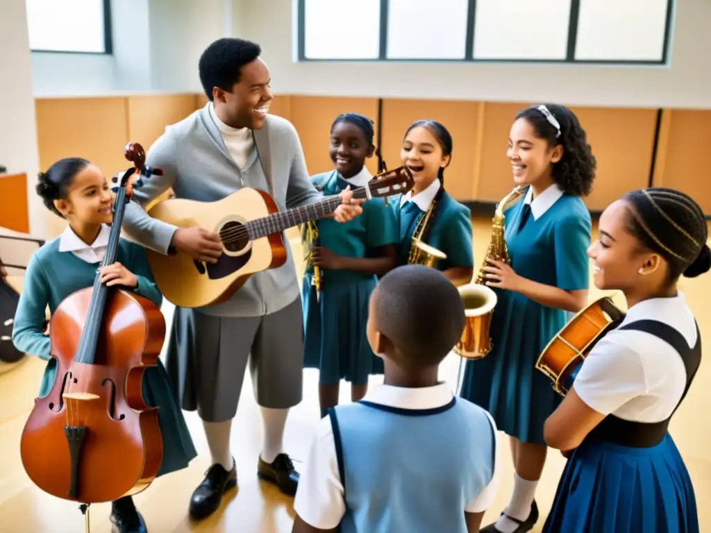 Estudiantes colaborando con instrumentos en aula de música