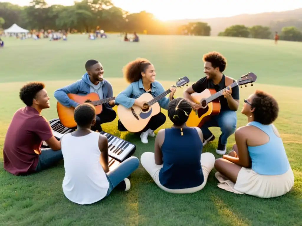 Estudiantes diversos tocando instrumentos en un campo al atardecer, demostrando la importancia de festivales musicales educativos