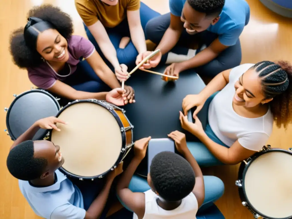 Estudiantes diversos tocan instrumentos en círculo, creando un ambiente inclusivo y de colaboración