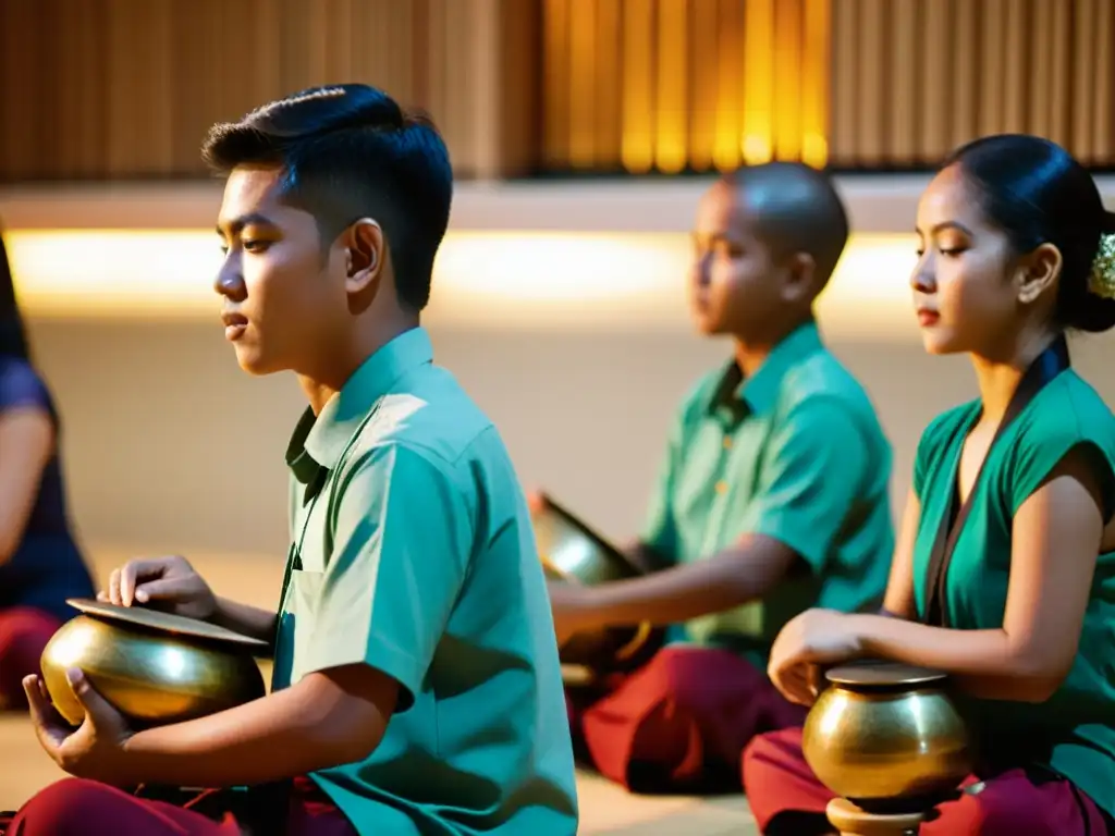 Estudiantes tocando instrumentos Gamelan en clase, reflejando la importancia educativa de la música Gamelan