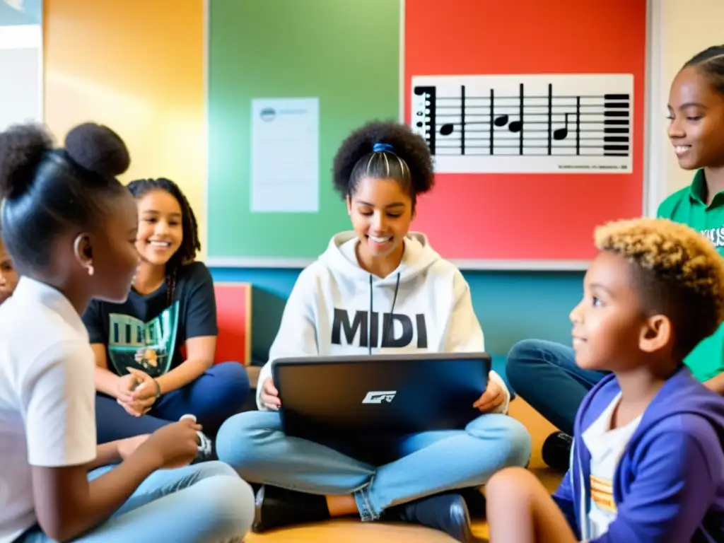 Estudiantes diversos practican con instrumentos digitales en aula de música