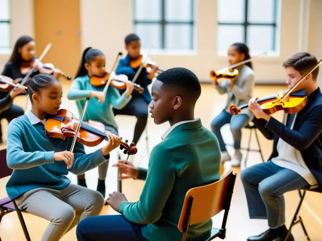 Estudiantes tocando instrumentos musicales en aula espaciosa, destacando la relevancia de la educación musical