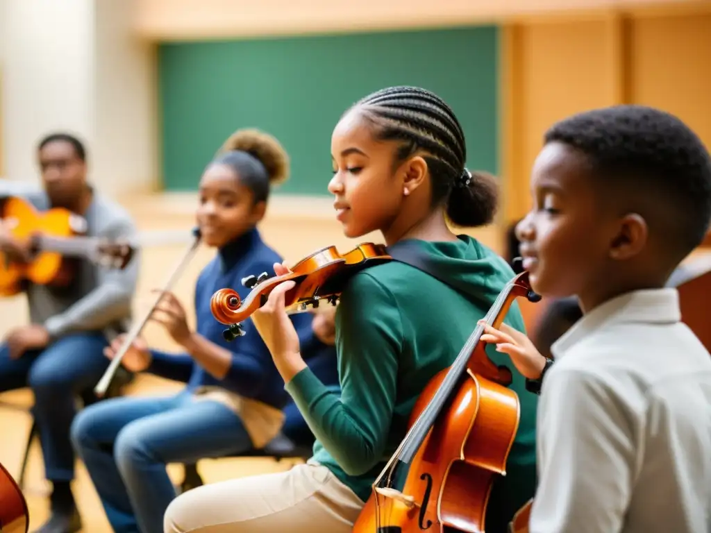 Diversos estudiantes tocando instrumentos musicales en un aula, destacando la relevancia de la educación musical para la creatividad y habilidades