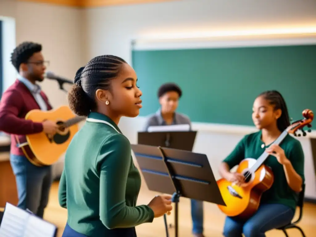 Estudiantes diversos tocando instrumentos musicales en un aula, destacando la relevancia de los instrumentos musicales en la educación