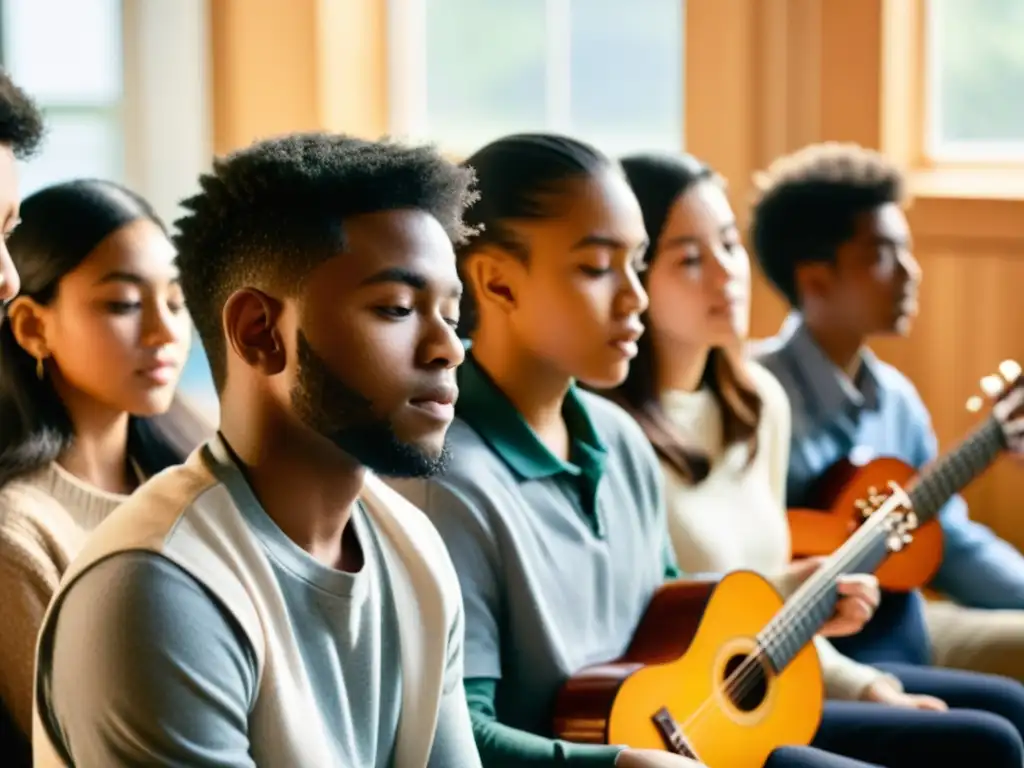 Estudiantes tocando instrumentos musicales juntos en un aula