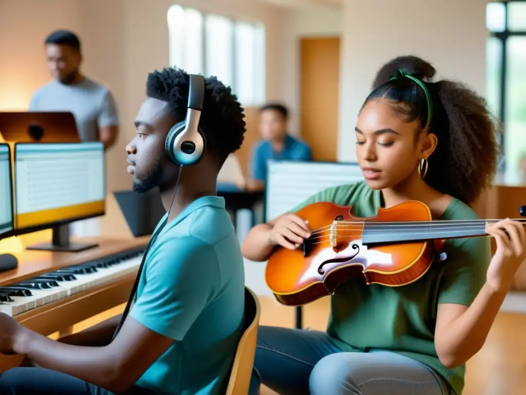 Estudiantes aprendiendo instrumentos musicales online en diversos entornos, concentrados y dedicados a su educación musical