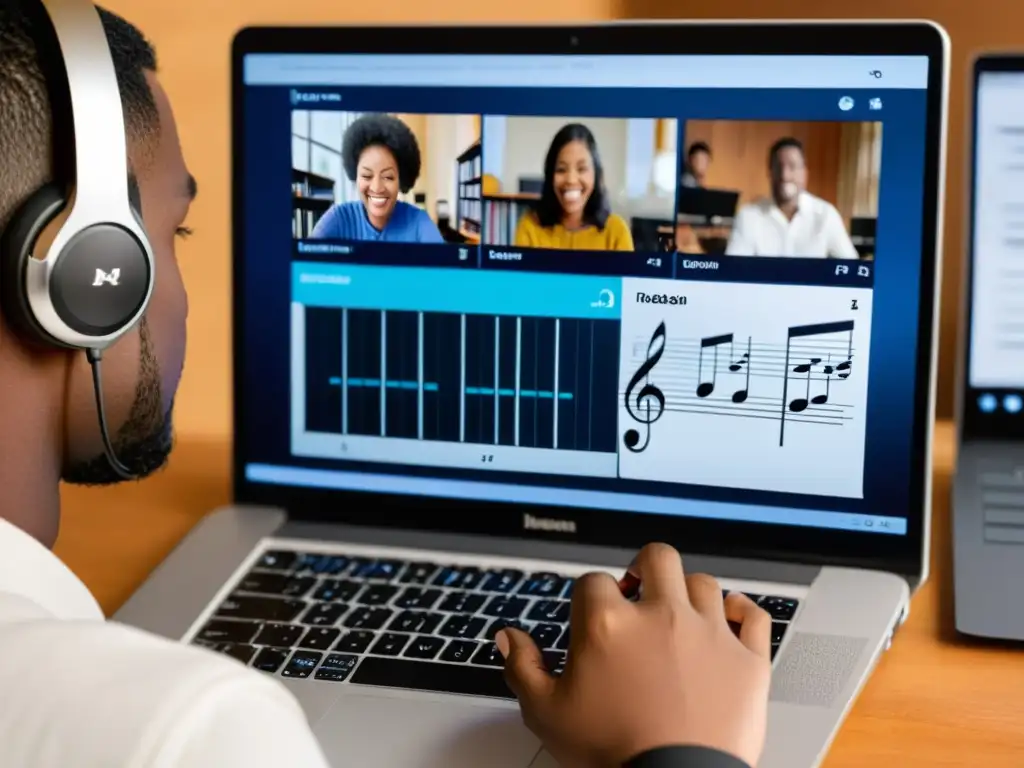 Estudiantes aprendiendo instrumentos musicales online, concentrados y apasionados en clase virtual