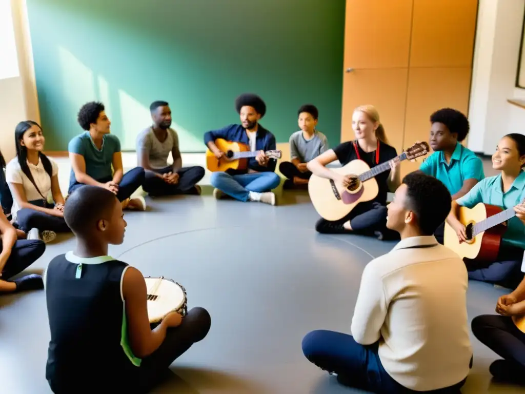 Estudiantes aprendiendo instrumentos musicales tradicionales online con instructor en aula moderna