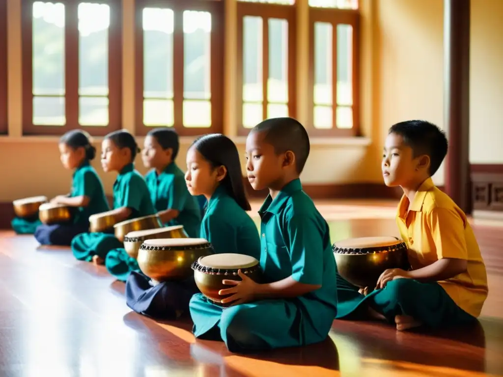 Estudiantes tocando instrumentos Gamelan, resplandor del sol en el aula